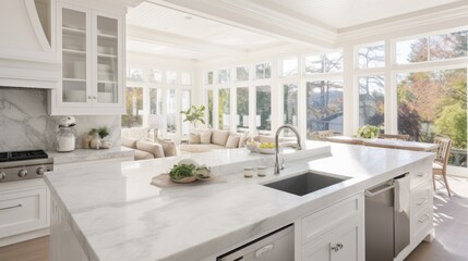 A pristine white kitchen with marble countertops and an island overlooks a sunlit living area, creating an elegant and airy ambiance.
