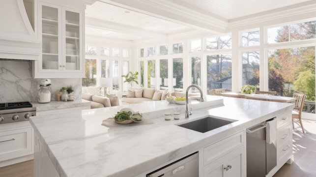 A pristine white kitchen with marble countertops and an island overlooks a sunlit living area, creating an elegant and airy ambiance.
