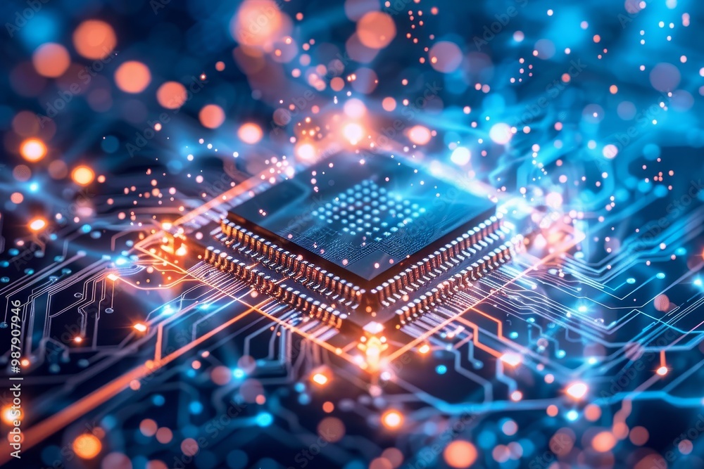 Poster Microchip with glowing connections and data points, symbolizing advanced digital technology and the intricate network of modern electronic systems.