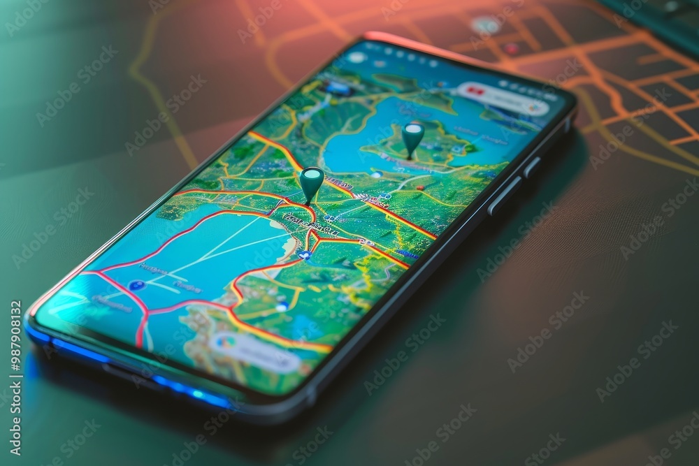 Aufkleber Close-up of a smartphone displaying a GPS map with location pins, symbolizing modern navigation technology and digital travel guidance.