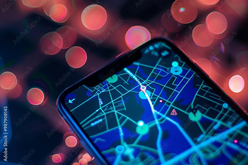 Aufkleber Close-up of a smartphone displaying a GPS map with location pins, symbolizing modern navigation technology and digital travel guidance.