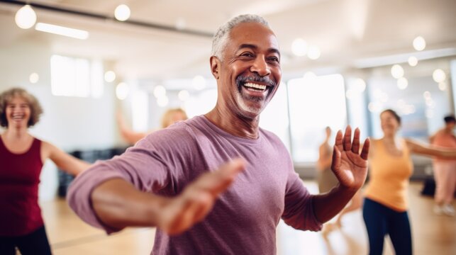 A senior man joyously dances in a brightly lit dance studio with a group, his face glowing with laughter and movement.