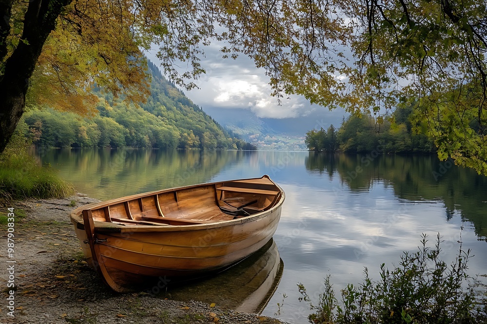 Poster Wooden Rowboat on the Shores of a Tranquil Lake