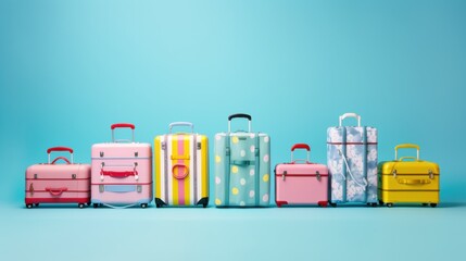 A set of vibrant patterned suitcases neatly lined up against a turquoise backdrop, ready for travel.