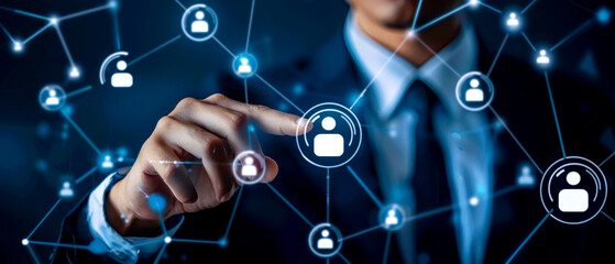 Franchise business concept, Businessman touching virtual franchise business icon for franchise network business marketing plan for branch growth and expansion