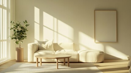 Obraz premium A minimalist living room with simple, sleek furniture, neutral tones, and a focus on clean lines
