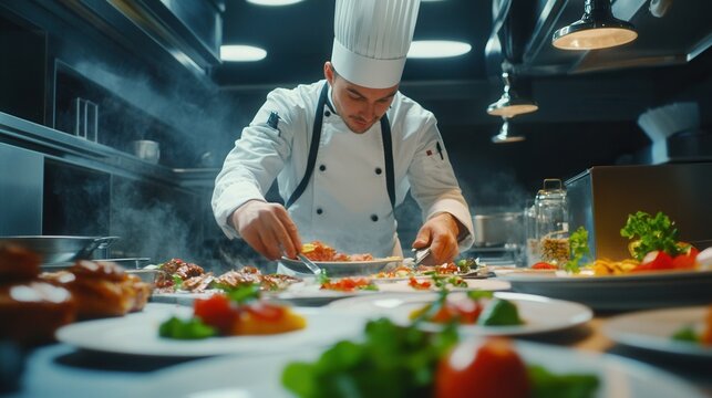 A professional chef preparing a gourmet meal in a sleek kitchen, the focus on the precise plating and vibrant ingredients