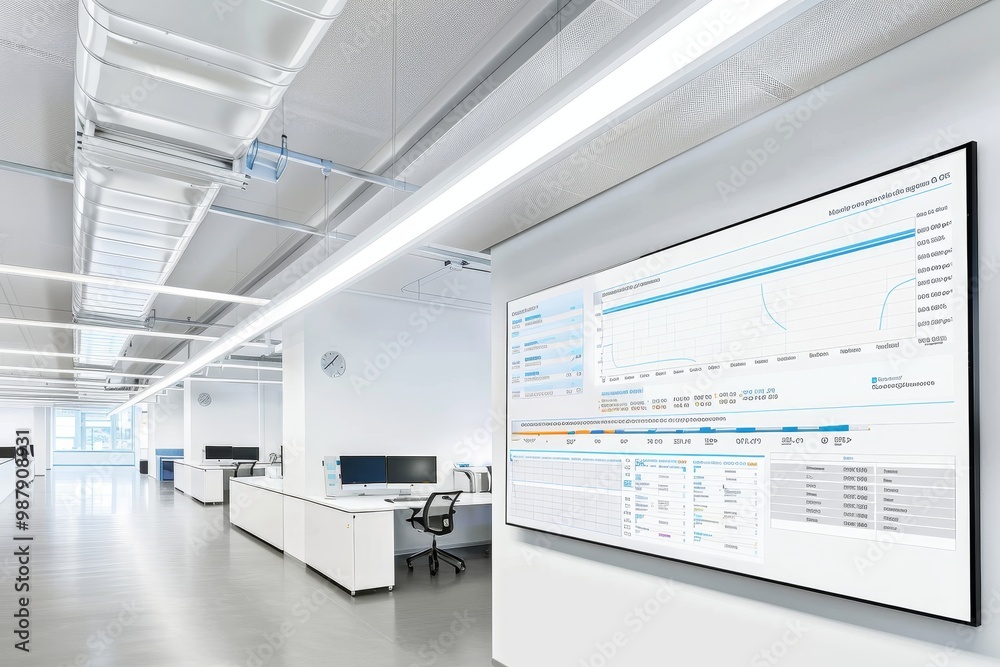 Poster Modern surveillance office with multiple screens displaying data, charts, and graphs, representing a high-tech environment for business analysis and data monitoring.