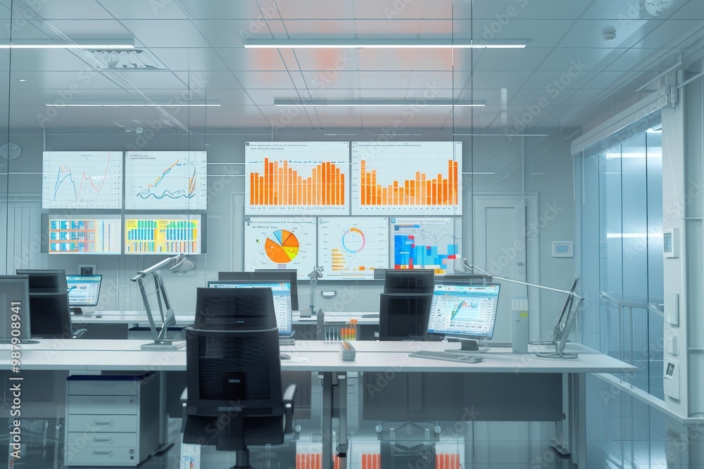 Aufkleber Modern surveillance office with multiple screens displaying data, charts, and graphs, representing a high-tech environment for business analysis and data monitoring.