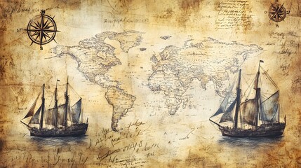 Old hand drawn map with vintage sailing yachts, Pirate adventures, treasure hunt and old transportation