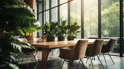 Fototapeta premium A stylish, well-lit boardroom with green plants lining the windows, featuring a wooden conference table and modern chairs, perfect for meetings and collaboration.