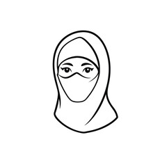 a woman wearing a hijab and a face covering, emphasizing her eyes and facial expression, vector silhouette, 