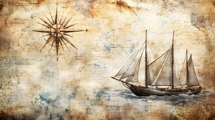 Old hand drawn map with vintage sailing yachts, Pirate adventures, treasure hunt and old transportation