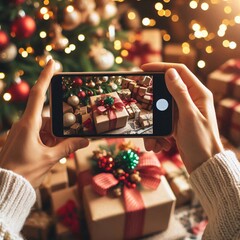 Close-up of hands taking a picture of a holiday gift being unwrapped under a Christmas tree