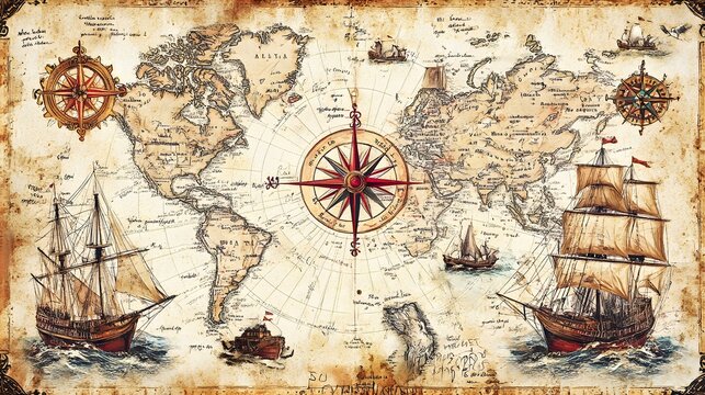 Old hand drawn map with vintage sailing yachts, Pirate adventures, treasure hunt and old transportation