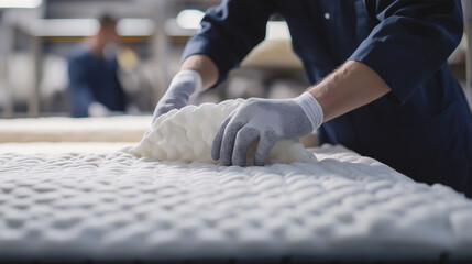 A worker wearing gloves handles a foam mattress in a factory