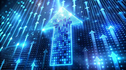 Fototapeta premium Binary Code and Glowing Lights Form an Upward Arrow 3D Rendered Icon with a Digital Background Representing Technology Growth
