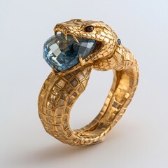 Close-up of a luxurious gold ring for men in the shape of a snake. Gold ring with a snake holding a blue gemstone in its mouth.