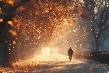 Fototapeta premium A man walks alone on a path in an autumn park