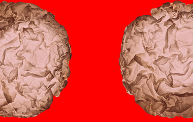 A circle of crumpled paper on a red background