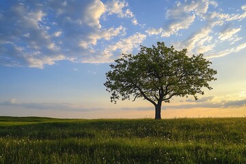 Obraz premium Lonely tree in a field at sunset with blue sky and clouds