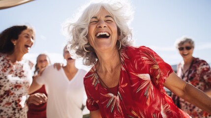 Obraz premium An elderly woman, full of life, joyfully dances with friends, her laughter and vibrant energy infectious, set against a bright sunny backdrop.