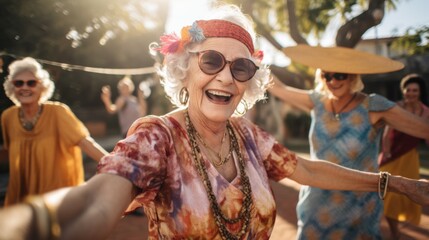 An elderly woman dances joyfully with friends under the sun, radiating happiness and vitality, and embracing the spirit of celebration.