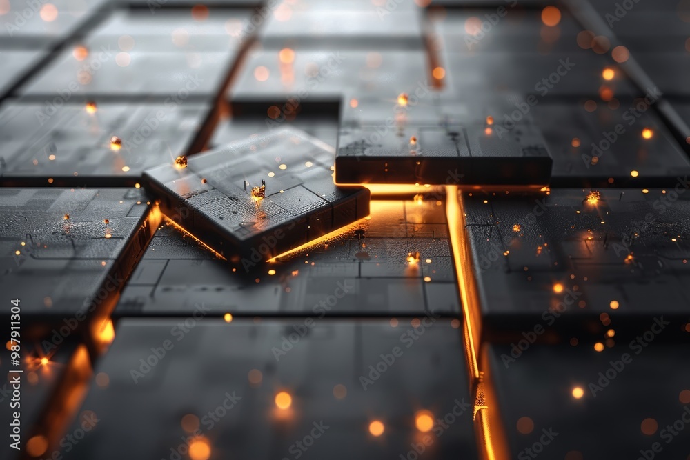 Poster Glowing blocks arranged on a digital grid, symbolizing the complex connections and advanced technology of modern digital networks in a futuristic design.