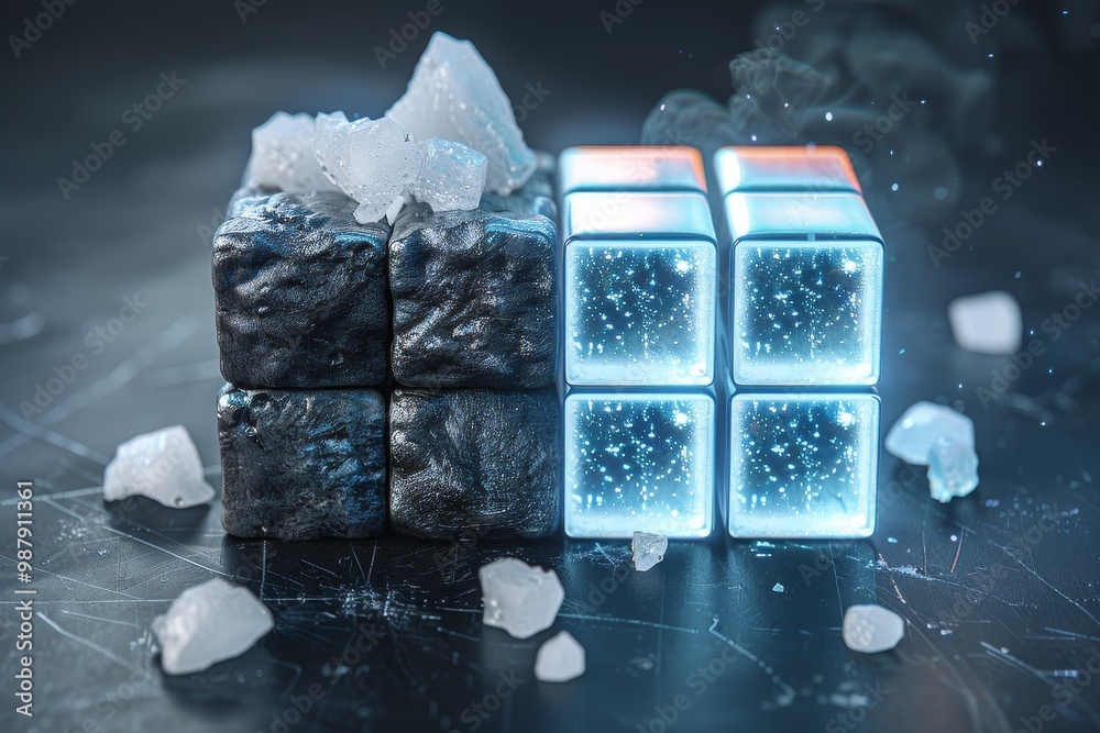Poster Contrasting natural and artificial cubes in a futuristic design, symbolizing the integration of technology and natural elements in a modern, innovative concept.