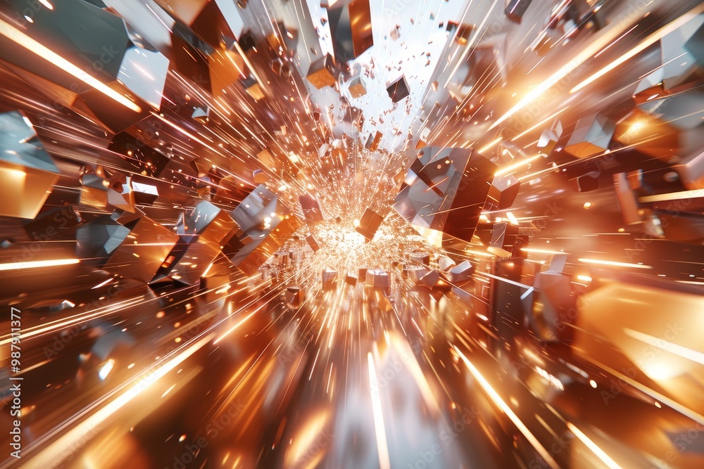 Poster Dynamic explosion of cubes in an abstract, futuristic space, capturing the powerful energy and impact of modern digital art and visual design.