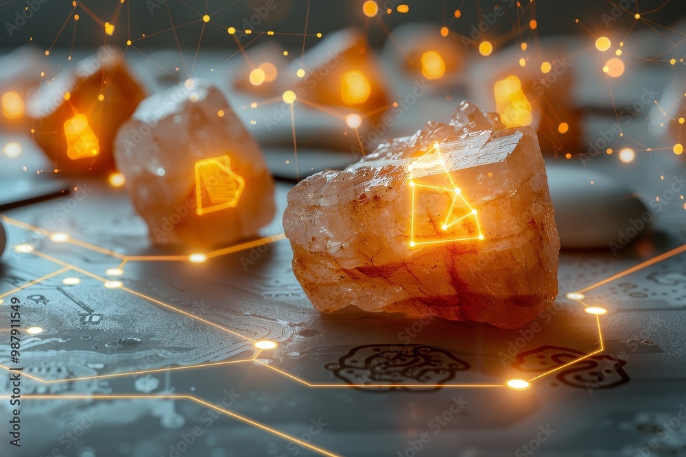 Poster Glowing crystals on a digital surface, symbolizing the integration of technology and natural elements in a futuristic and advanced scientific environment.