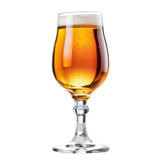 Glass of cold, refreshing beer is standing on a white background, with condensation forming on the glass