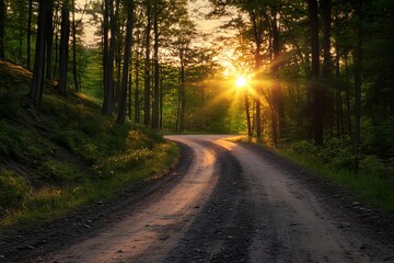 Obraz premium Sun Shining Through Trees on a Winding Forest Path, Sunset Landscape Photography