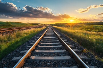 Fototapeta premium Sunrise over railroad tracks, long straight track leading into the horizon