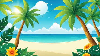 A vibrant beach scene with palm trees, flowers, and a bright ocean under a sunny sky.