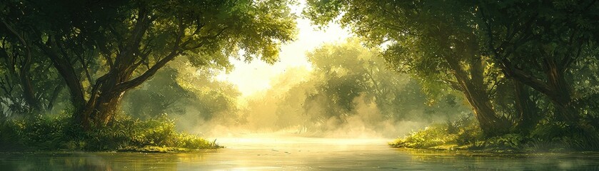 Serene Misty Lake at Sunrise in 3D Style