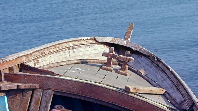 Sea Water from Inside Wooden Fishing Boat at Pier Footage.