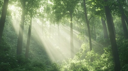 Obraz premium Sunbeams Filtering Through a Foggy Forest Canopy