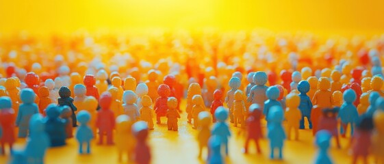 An array of colorful toy figures is scattered against a warm yellow backdrop, creating a lively and playful scene full of diversity and imagination.