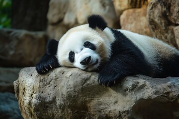 Obraz premium Sleeping Giant Panda Bear on a Rock