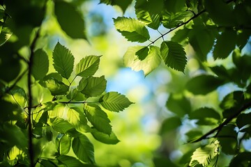 Green leaves in the forest with sun shining through