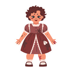 Creepy, scary old vintage horror movie doll. A girl doll with curly hair, in a beautiful dirty brown dress, covered in blood, with a moth. Halloween