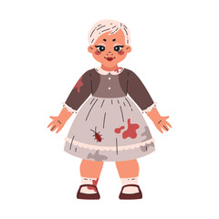 Creepy, scary old vintage horror movie doll. A doll girl with white hair, in a beautiful dirty ashy dress, covered in blood, with a cockroach. Halloween.