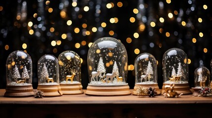 A collection of magical snow globes with winter scenes displayed on a wooden shelf, twinkling under warm fairy lights.