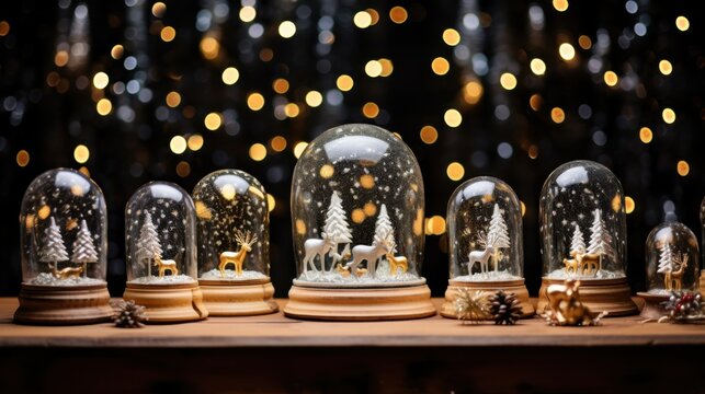A collection of magical snow globes with winter scenes displayed on a wooden shelf, twinkling under warm fairy lights.