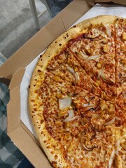 Hot Italian Pizza, Ham Pizza with Green Jalapeno Pepper and Onion, Chili Pepper and Mozzarella Cheese