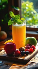 Vibrant fruit juice on a wooden table