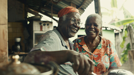 Obraz premium Elderly African American couple cooking together in a rustic kitchen and laughing and chatting 