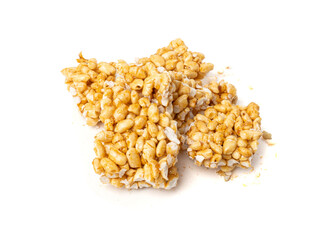 Puffed rice bar isolated, sweet wheat kozinaki, puff cereal block pieces, sugar crispy wheat bar, healthy popped dessert