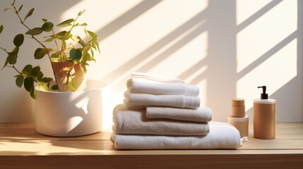 A serene bathroom with neatly folded white towels and a potted plant basking in warm sunlight, creating a tranquil and inviting atmosphere.